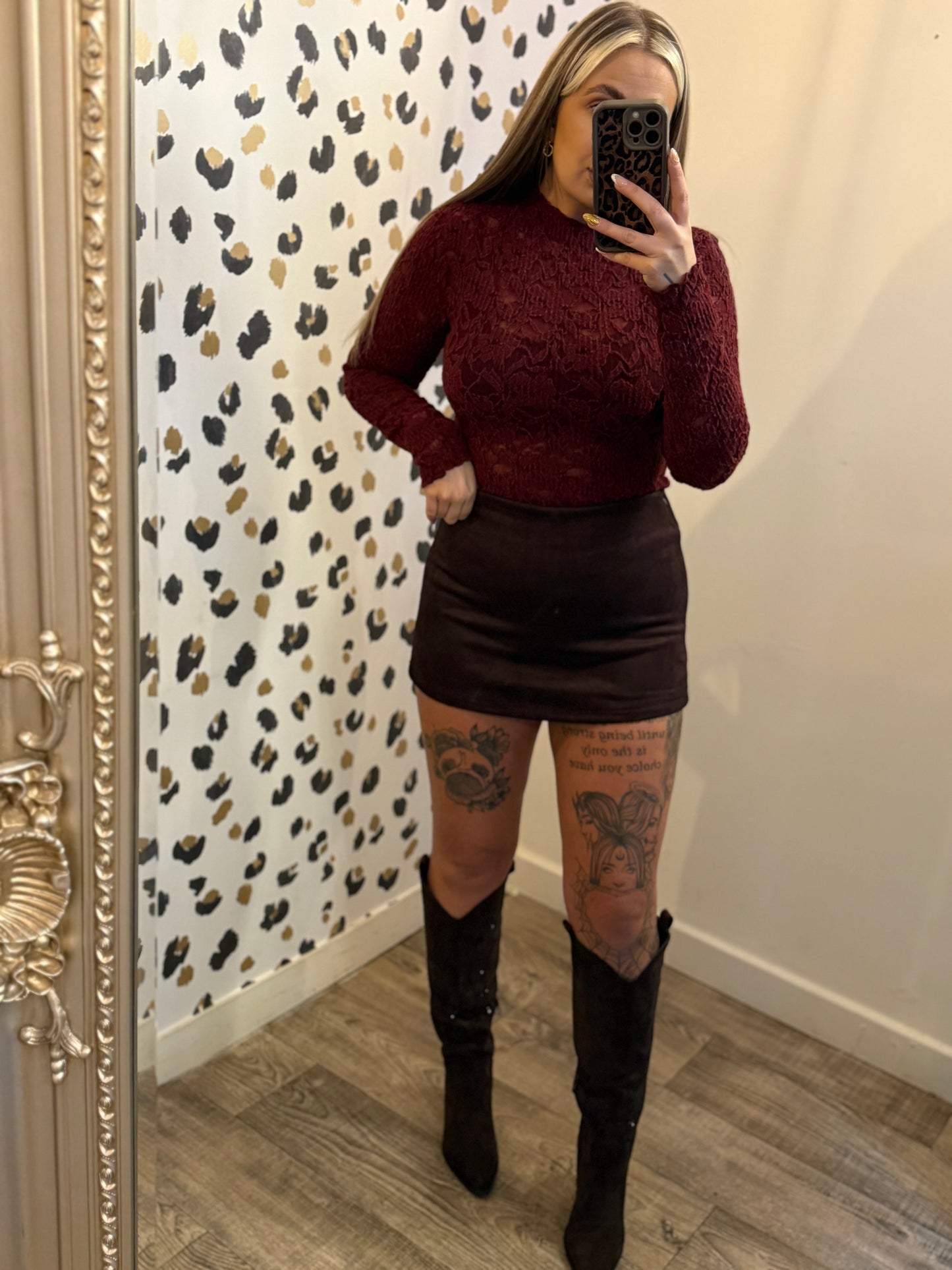 Burgundy Lace Mesh Top