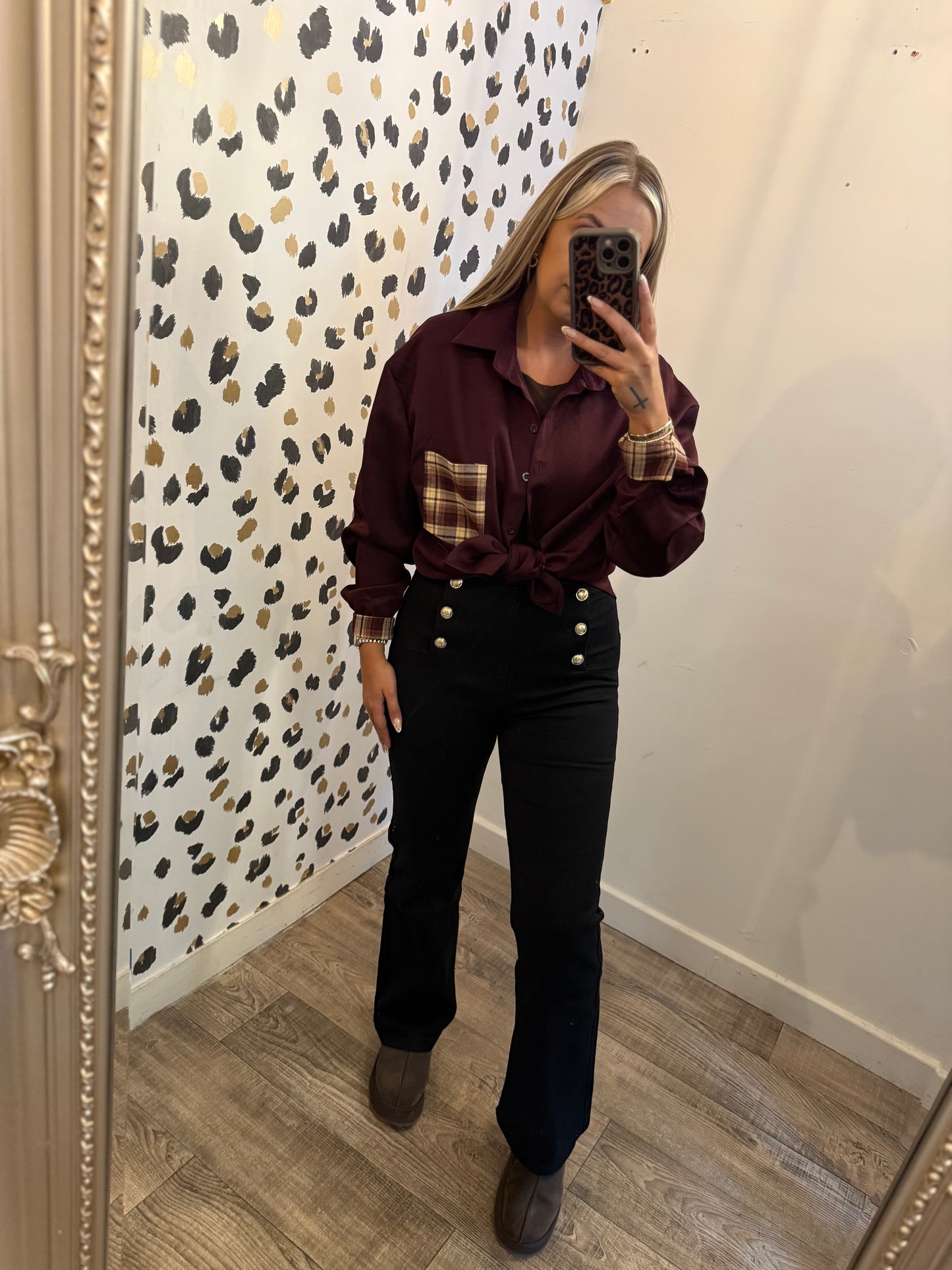 Burgundy Shirt with Check patch detail