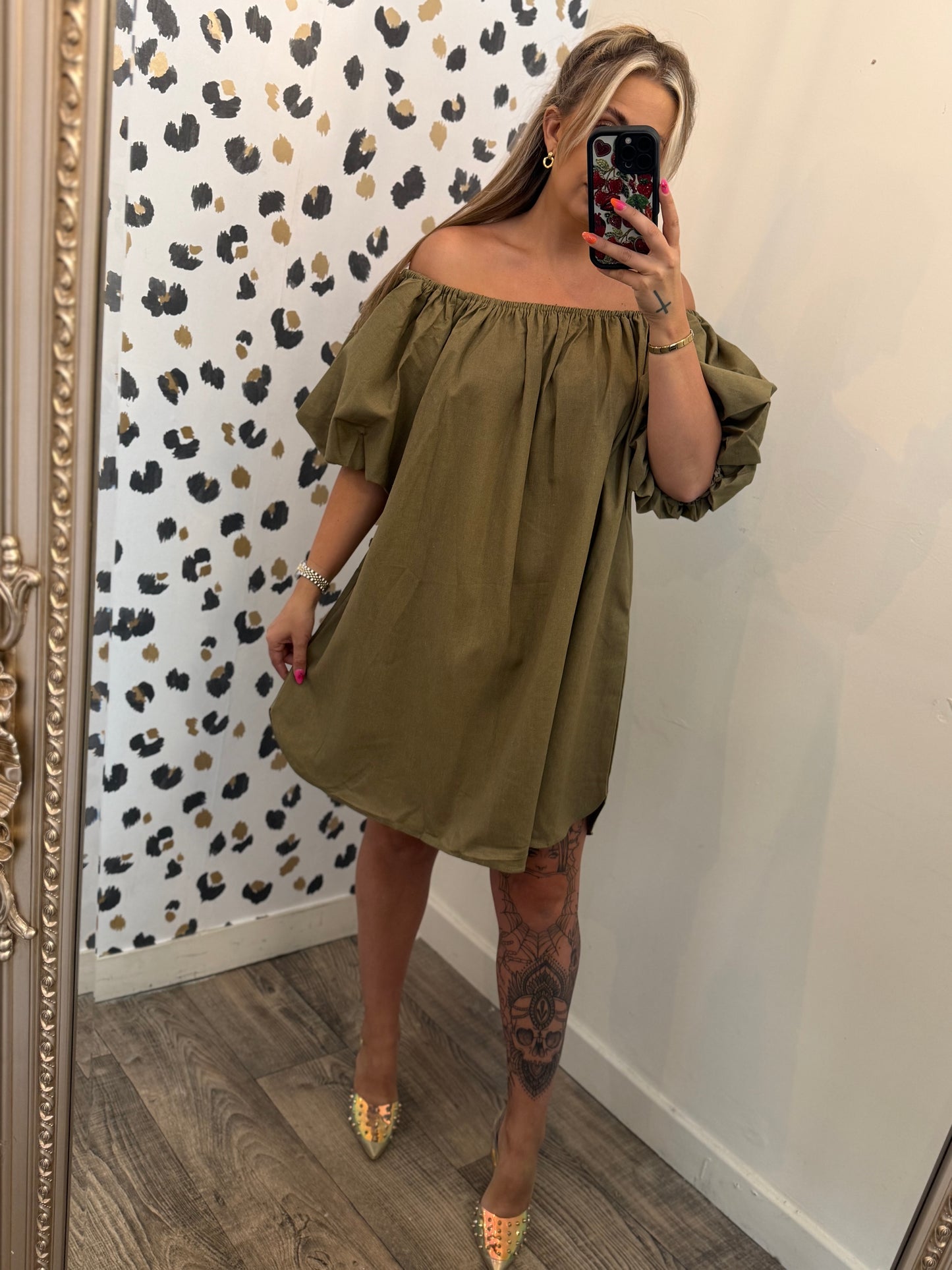 Khaki off the shoulder Dress