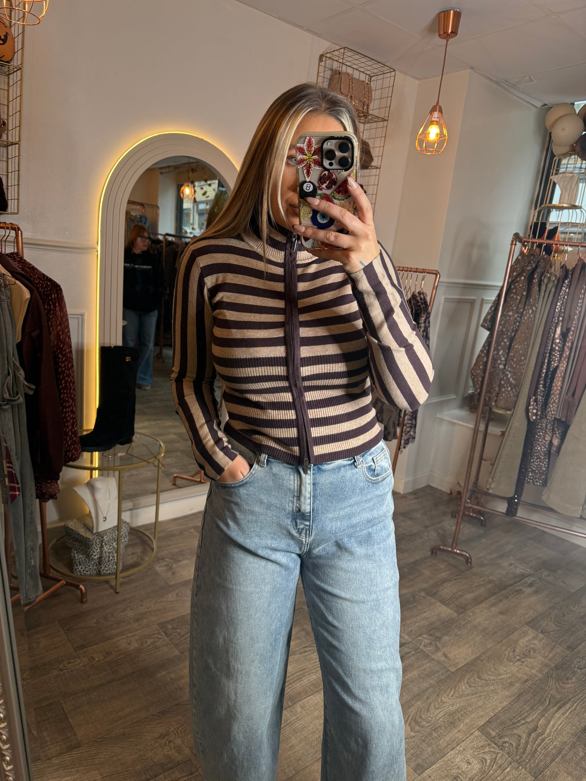 Stripe Zipup Jumper Brown/Beige