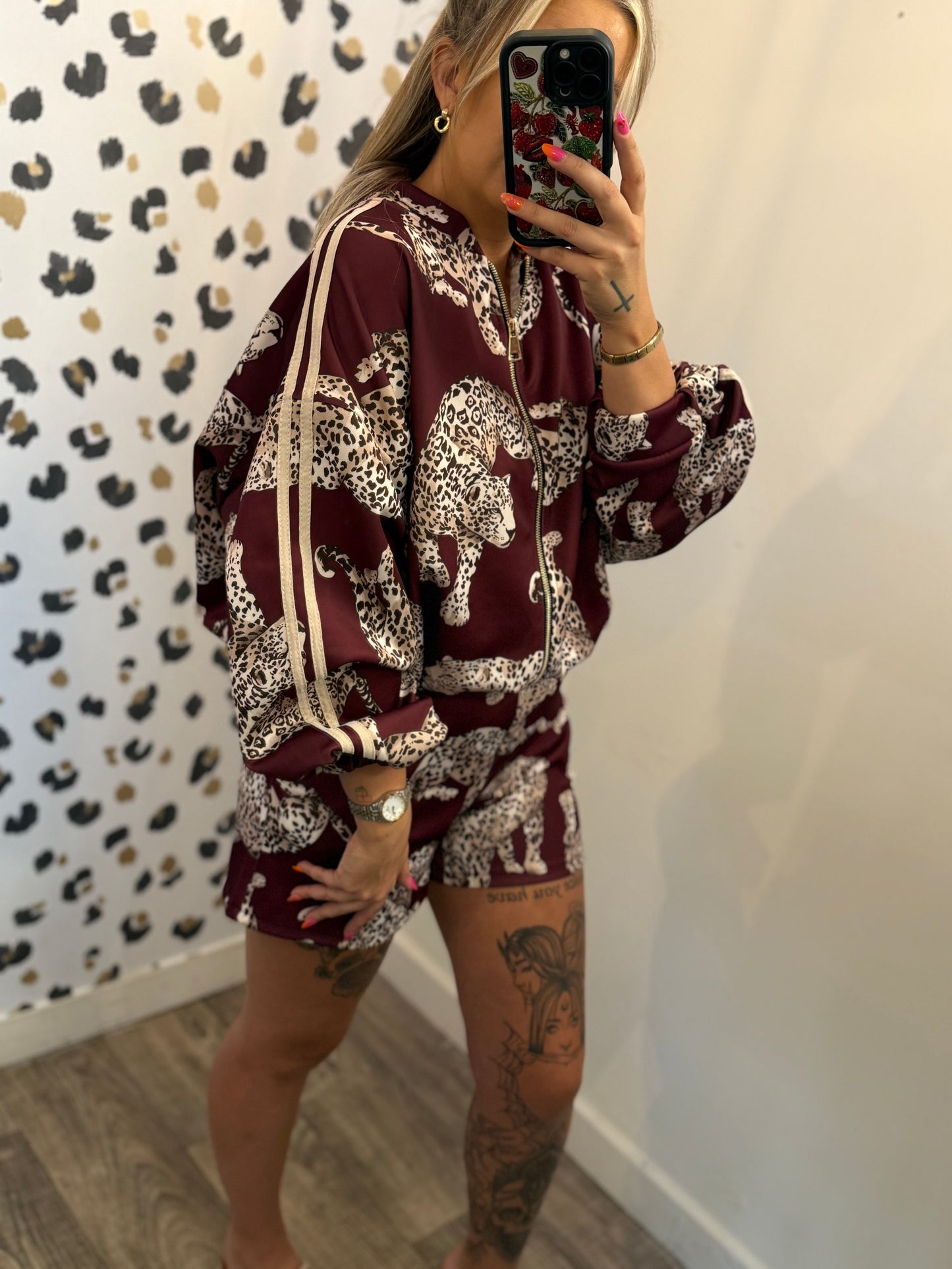 Burgundy and Leopard Short set