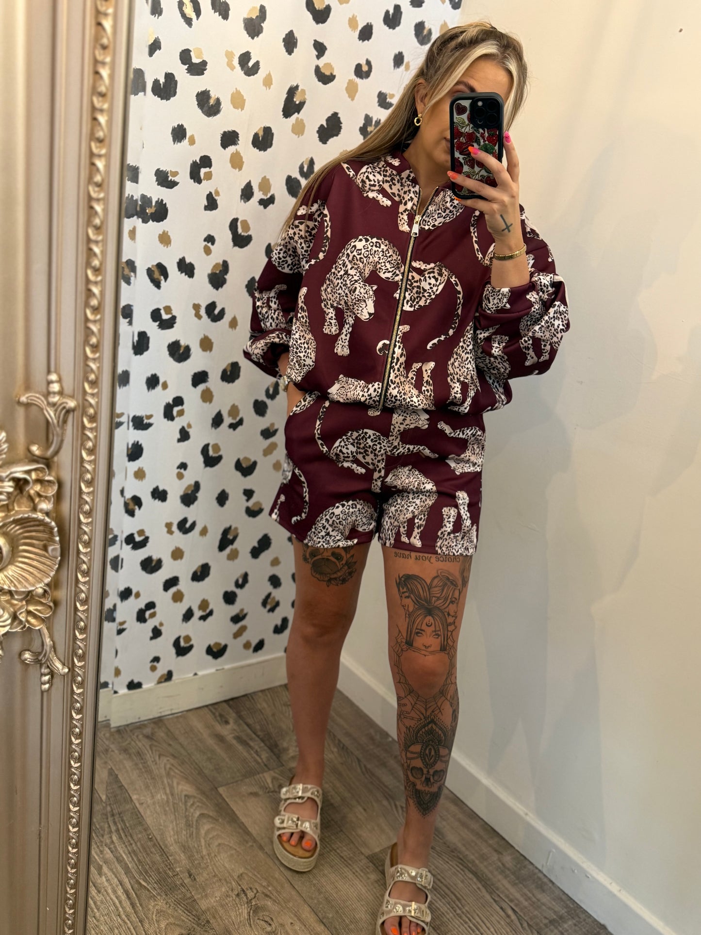 Burgundy and Leopard Short set