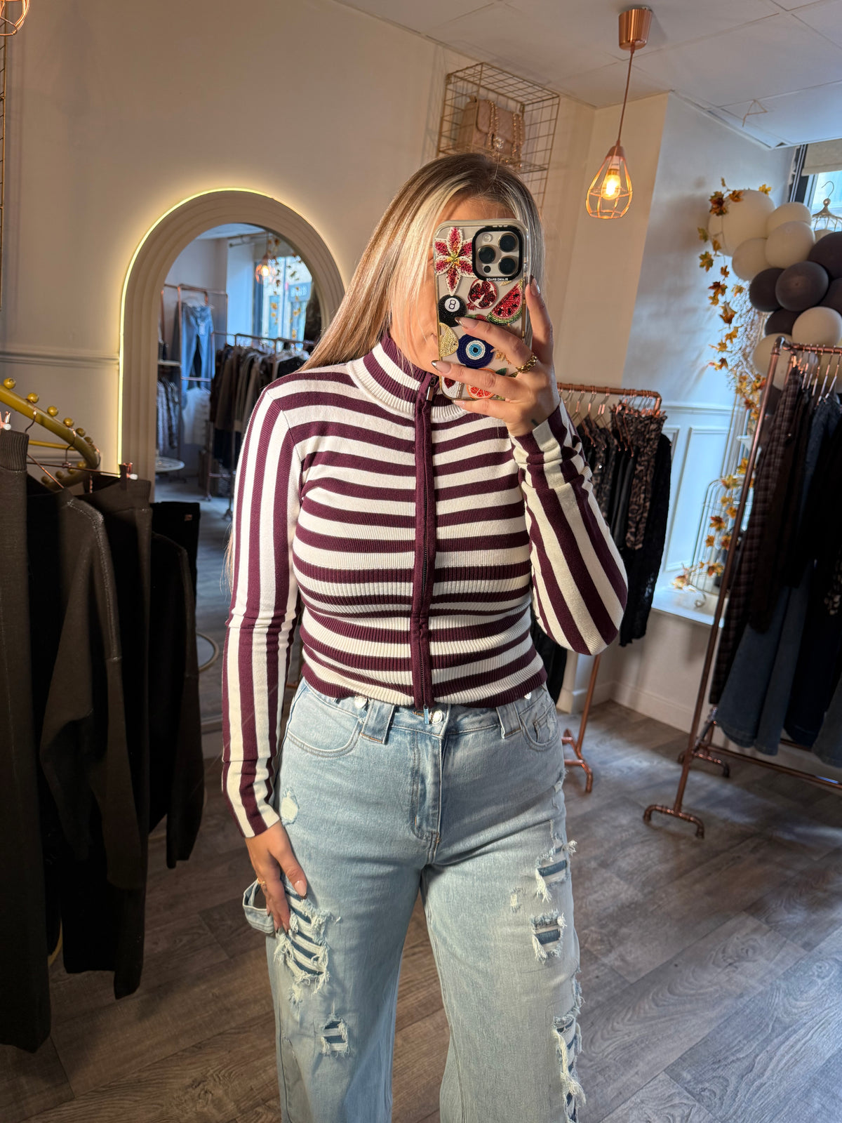 Burgundy & Cream Stripe Zipup Top