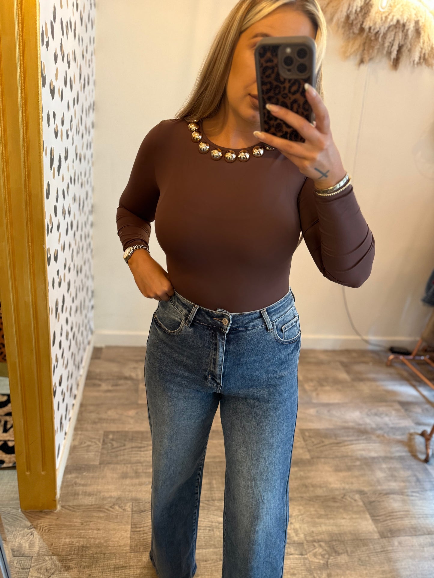 Chocolate Bodysuit With Gold Studs