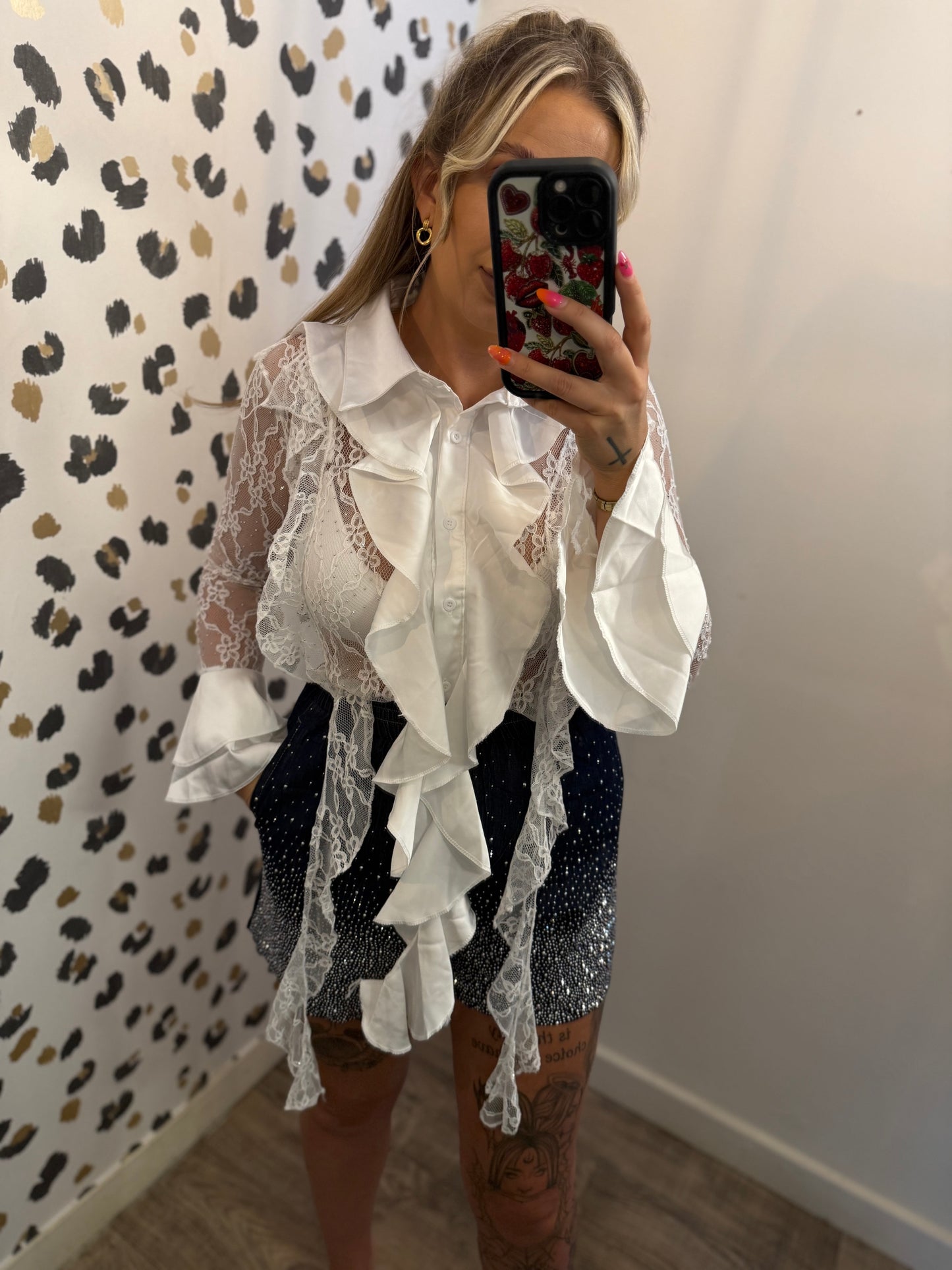 White Bling Lace Frilly Blouse