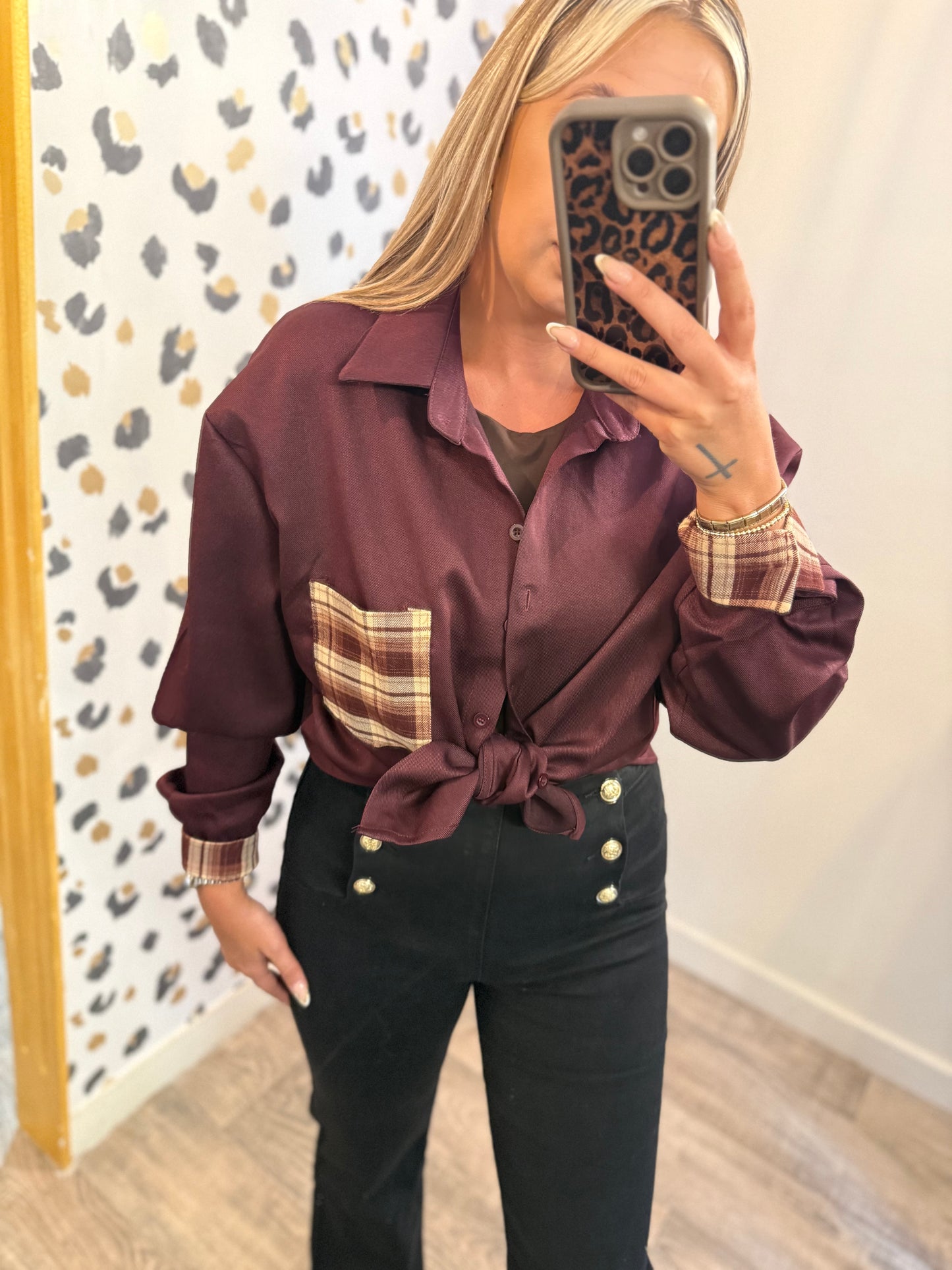 Burgundy Shirt with Check patch detail