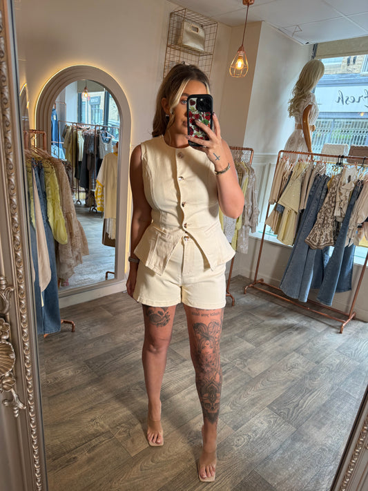 Cream Denim Waistcoat Set