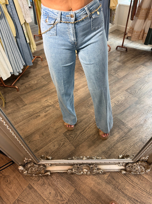 Chain Belt Pocket Jeans