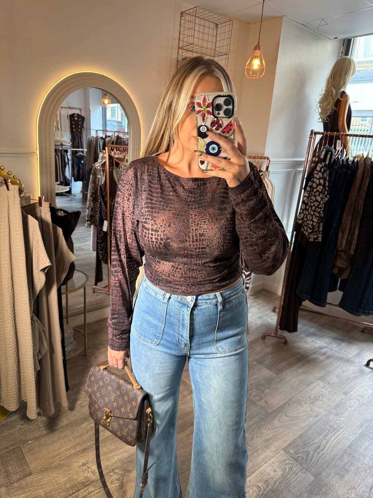 Croc Print Velvet Top Brown
