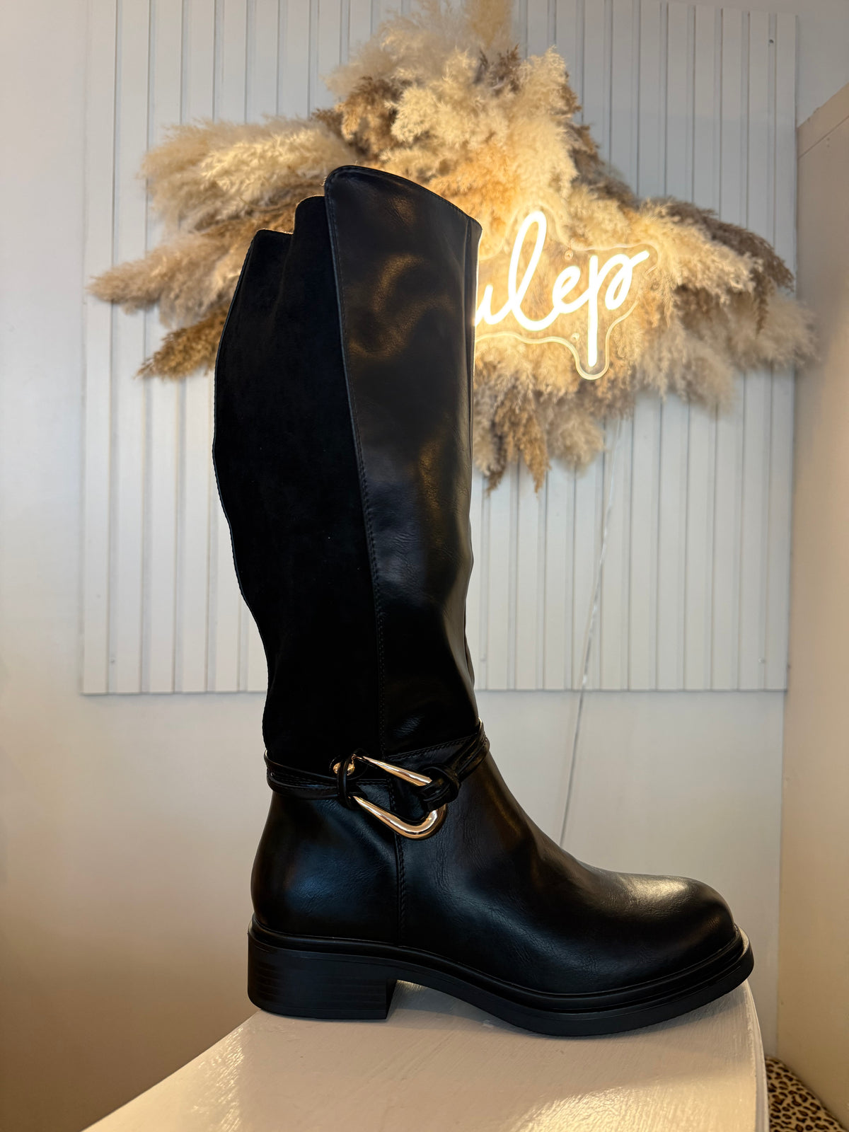 Black Leather Look Buckle Boots