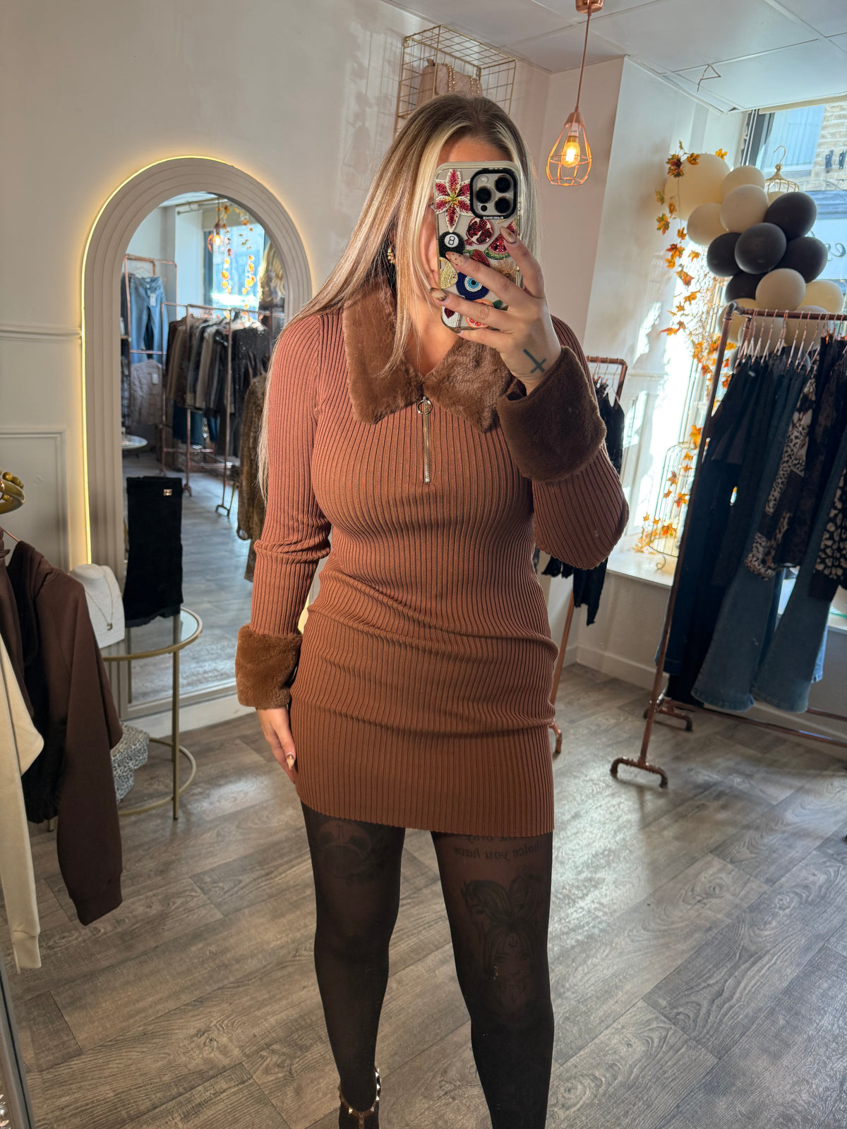 Faux fur detail knitted dress