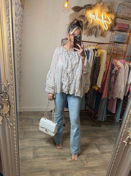 Leopard Frill Blouse Beige