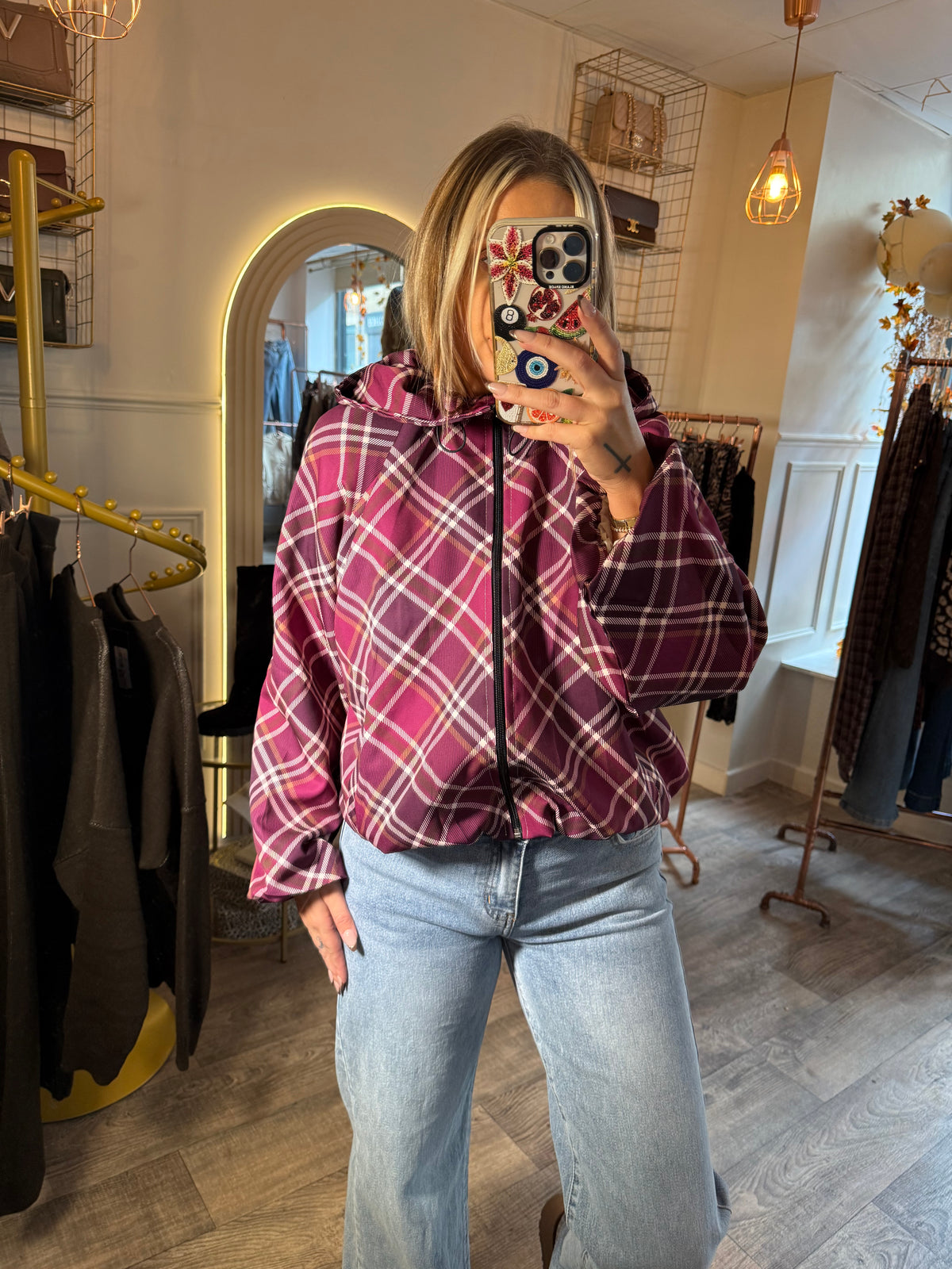 Burgundy Check Hooded Jacket