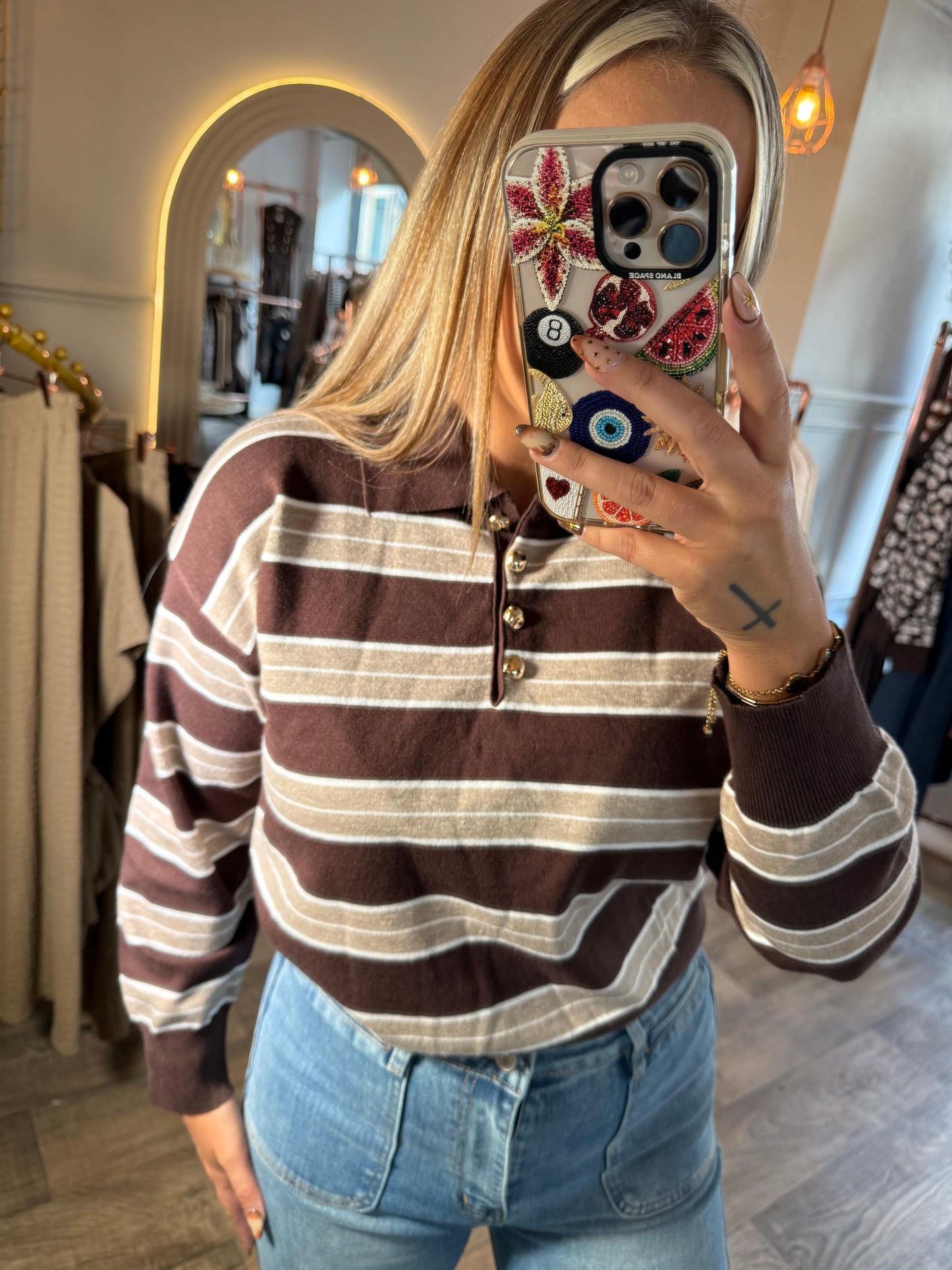 Stripe Gold Button Detail Polo Jumper