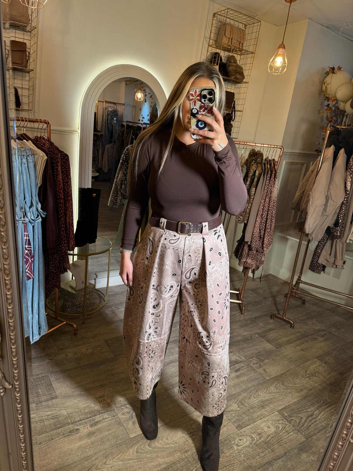 Suede Scarf Print Belted Pants