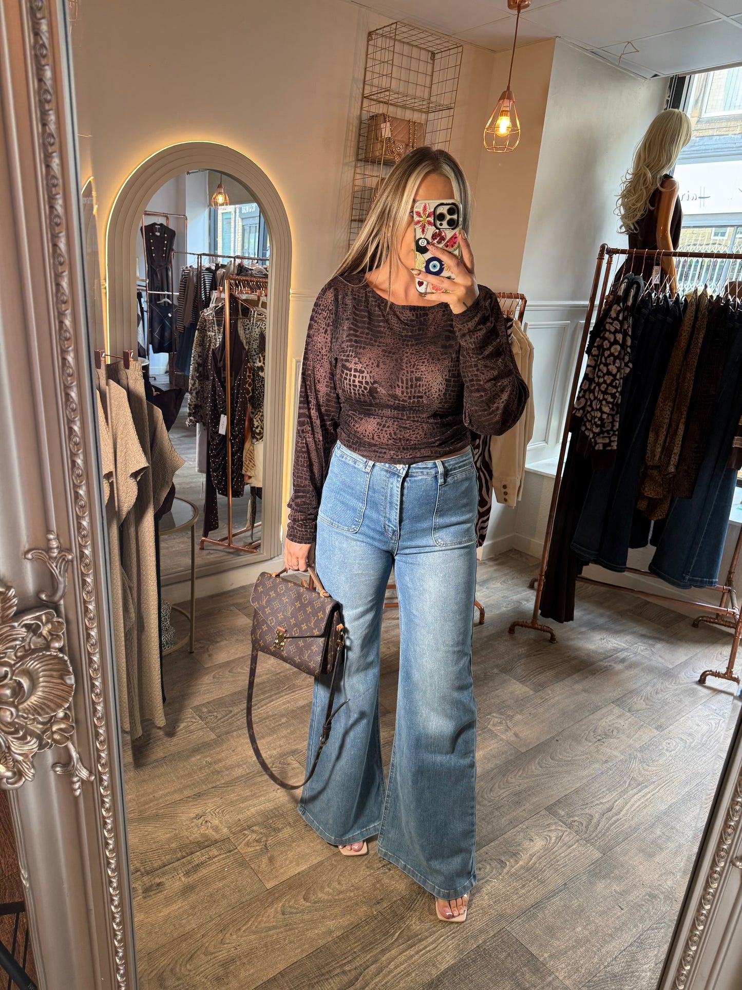Croc Print Velvet Top Brown