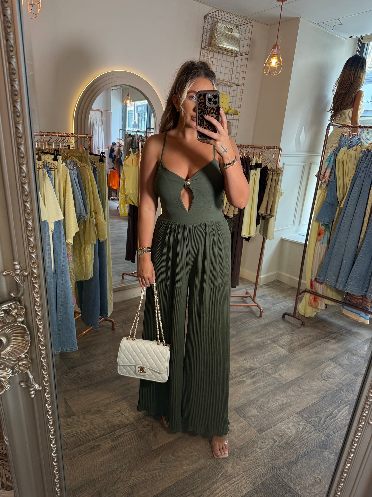 Khaki Pleat Cutout Jumpsuit