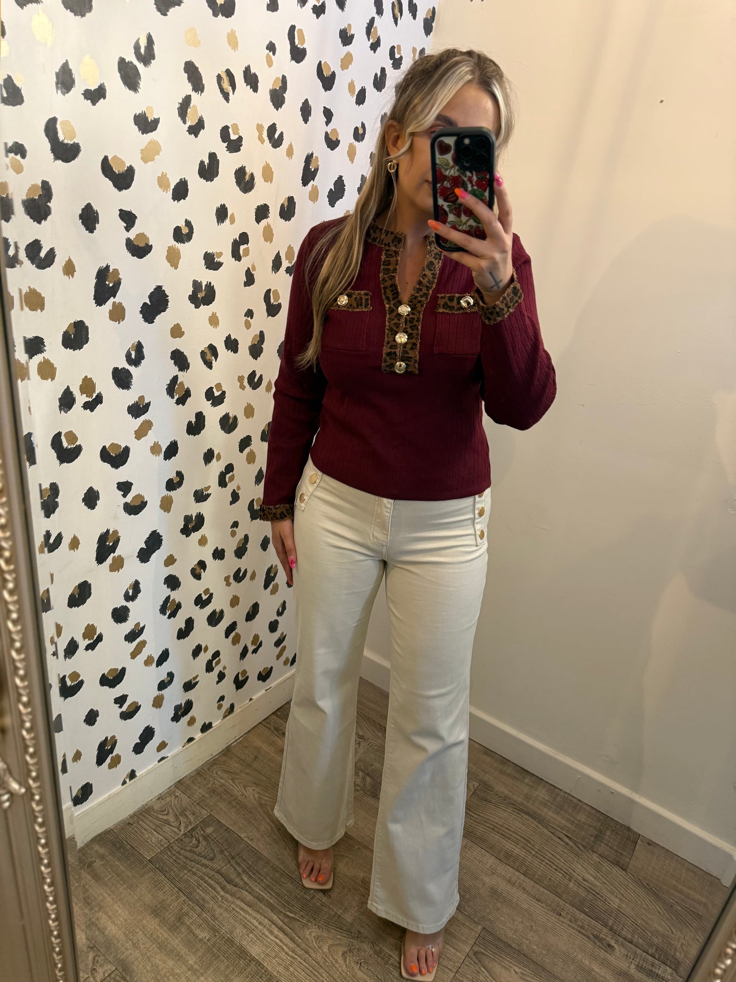 Burgundy and leopard jumper