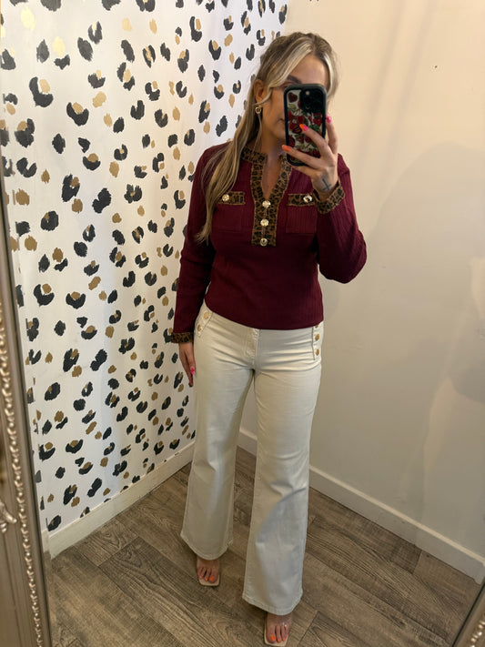 Burgundy and leopard jumper