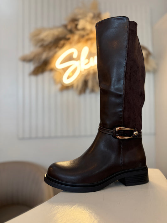Brown Leather Look Buckle Boots