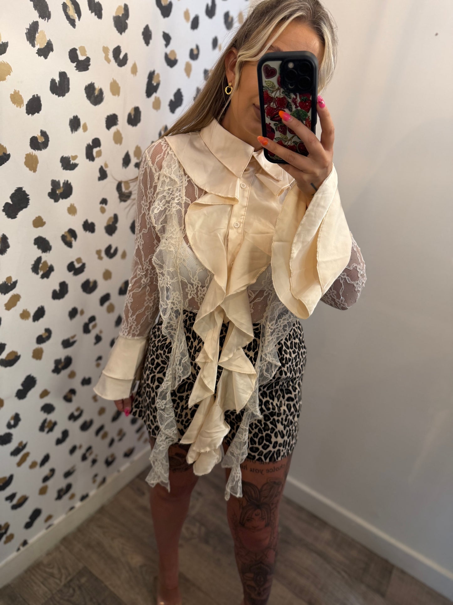 Cream Bling Lace Frilly Blouse