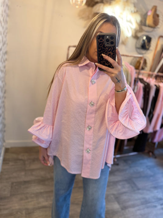Pink Frilly Stripe Shirt With Bling Buttons
