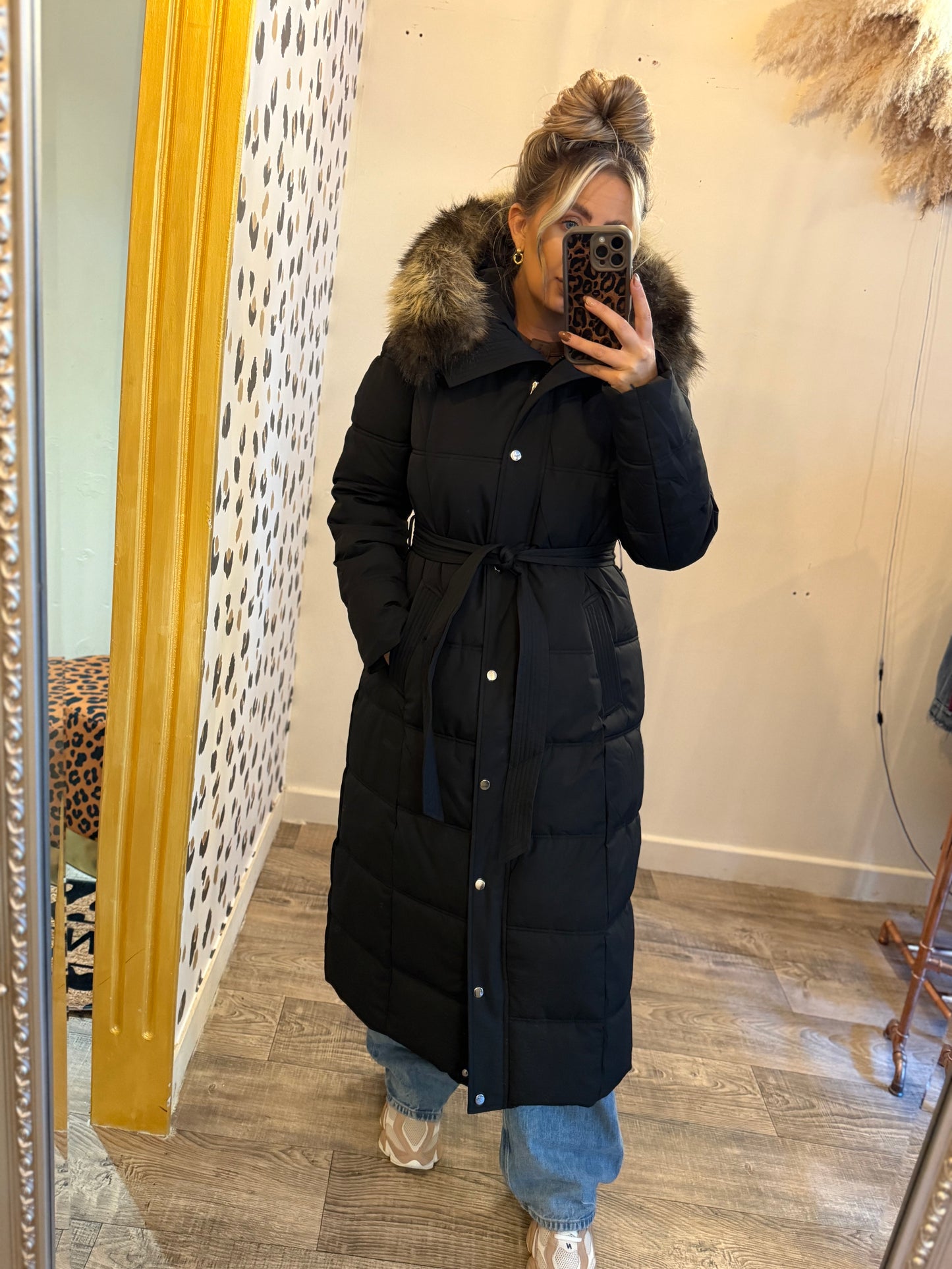 Long Black PUFFA Coat with Brow/Beige FAUX FUR HOOD