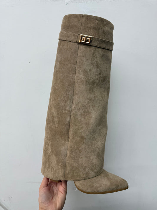 Lock Detail Fold Over Beige Suede Boot