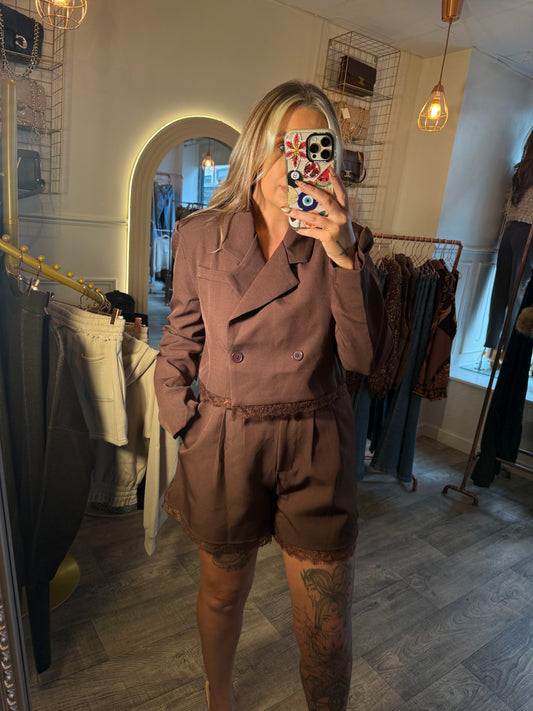 The CLO Lace Detail Blazer & Short Set  Brown