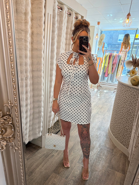 White Polka Dot Neck Tye Dress