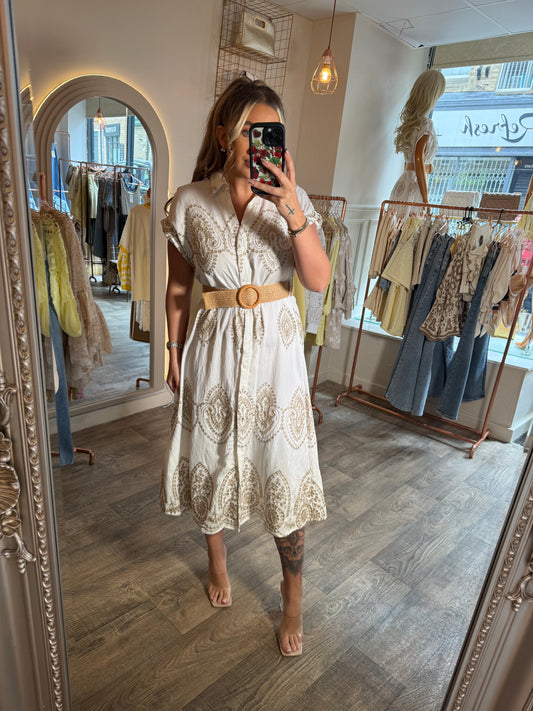 White & Gold Belted Shirt Dress