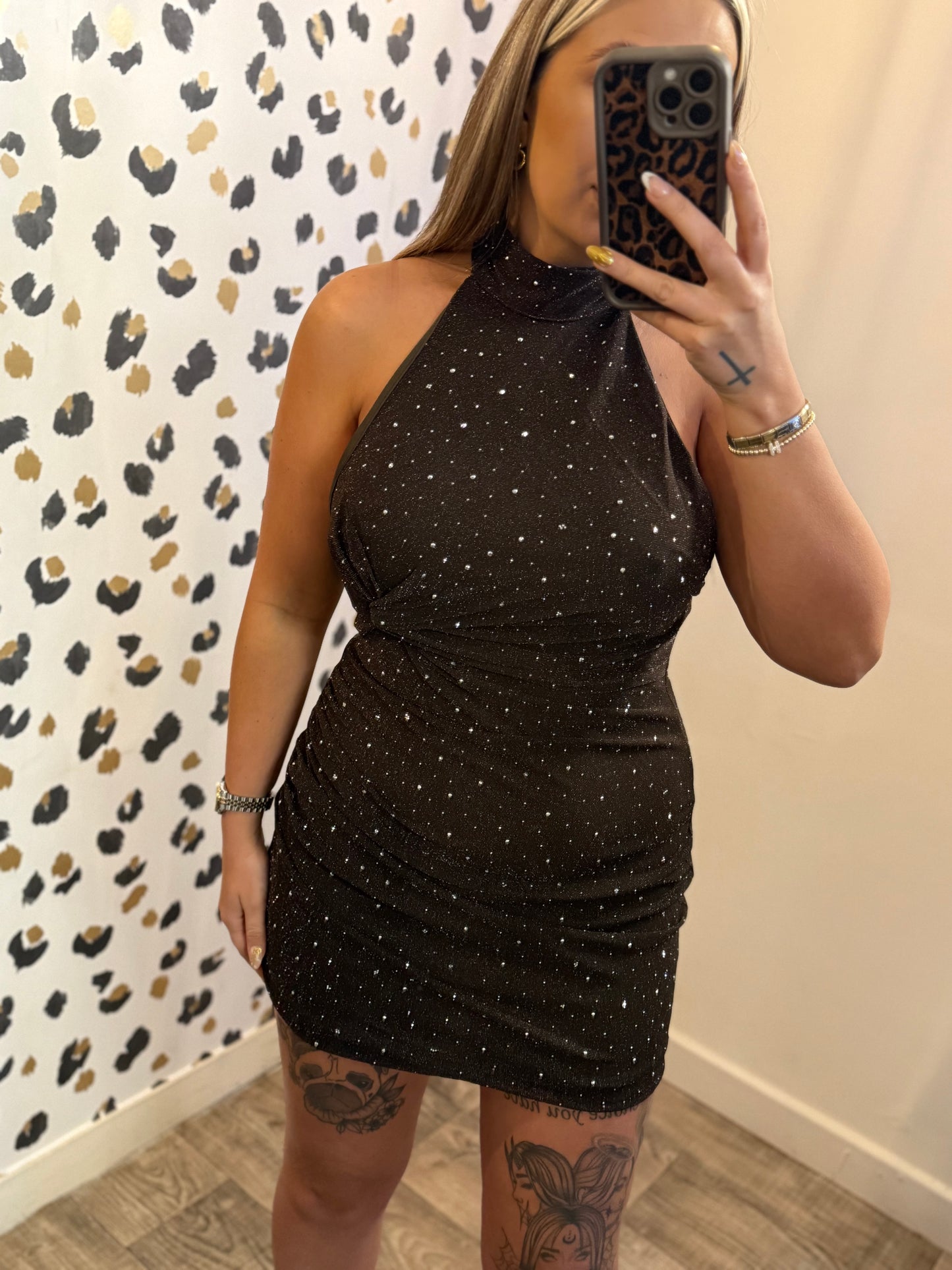 Bling Backless Halter Neck Dress Brown