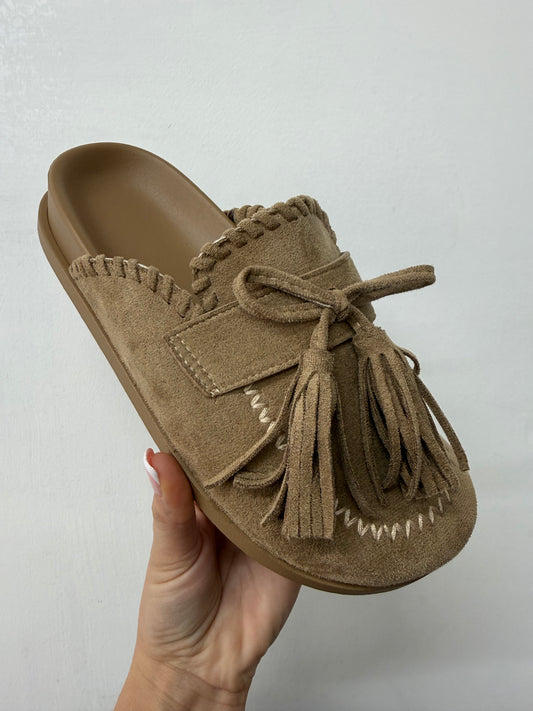 Beige Tassel Mules