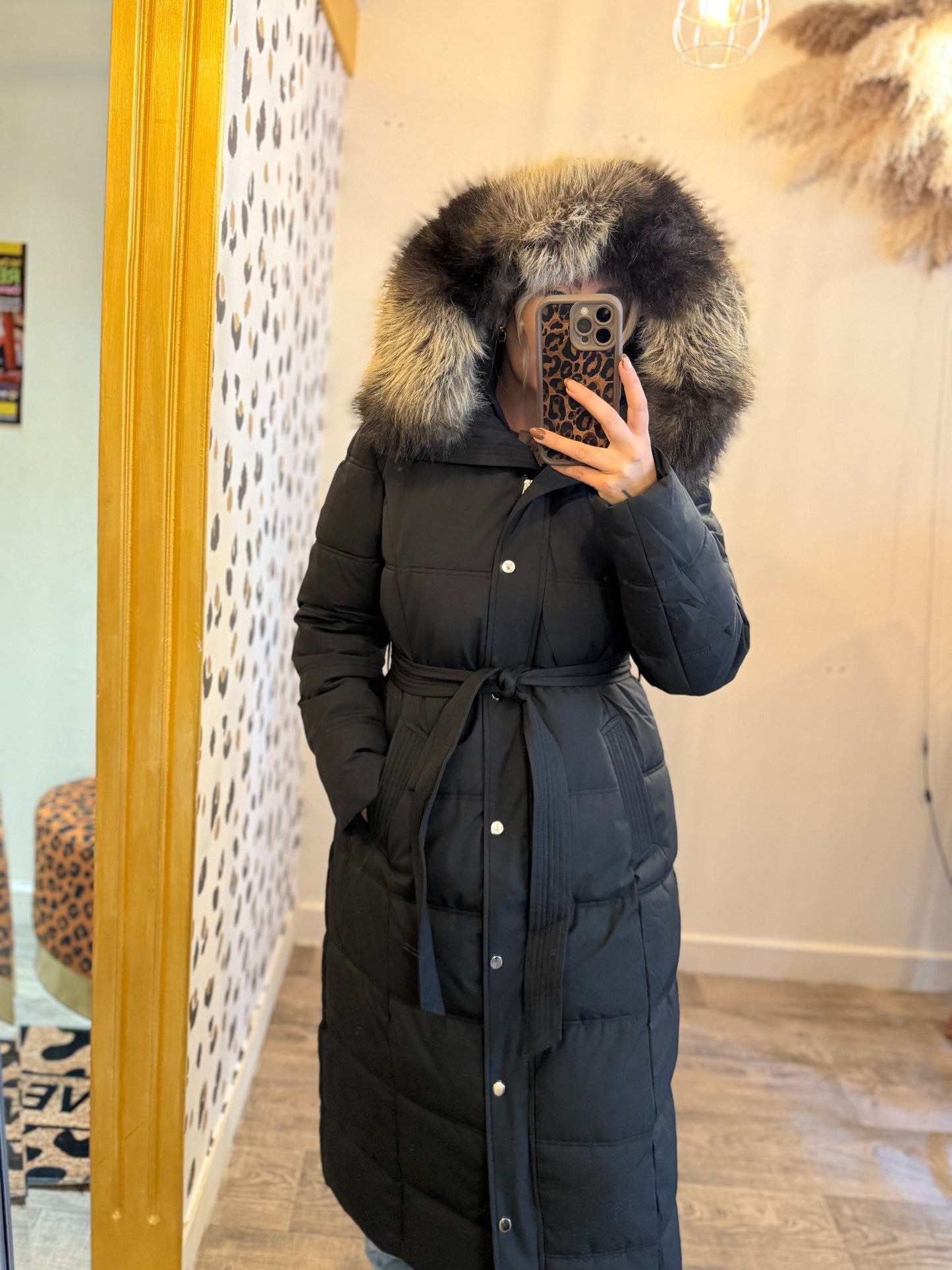 Long Black PUFFA Coat with Brow/Beige FAUX FUR HOOD