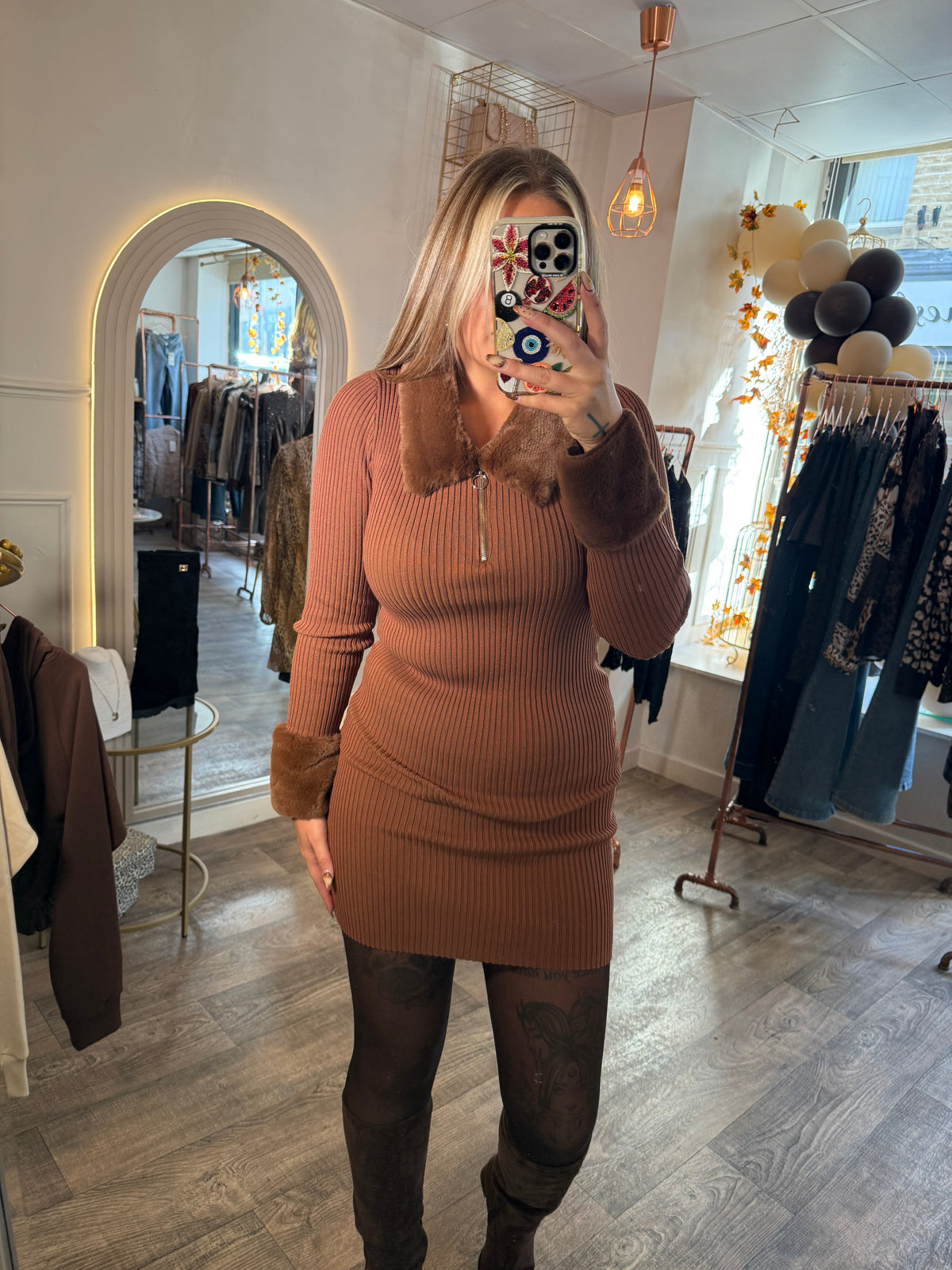 Faux fur detail knitted dress