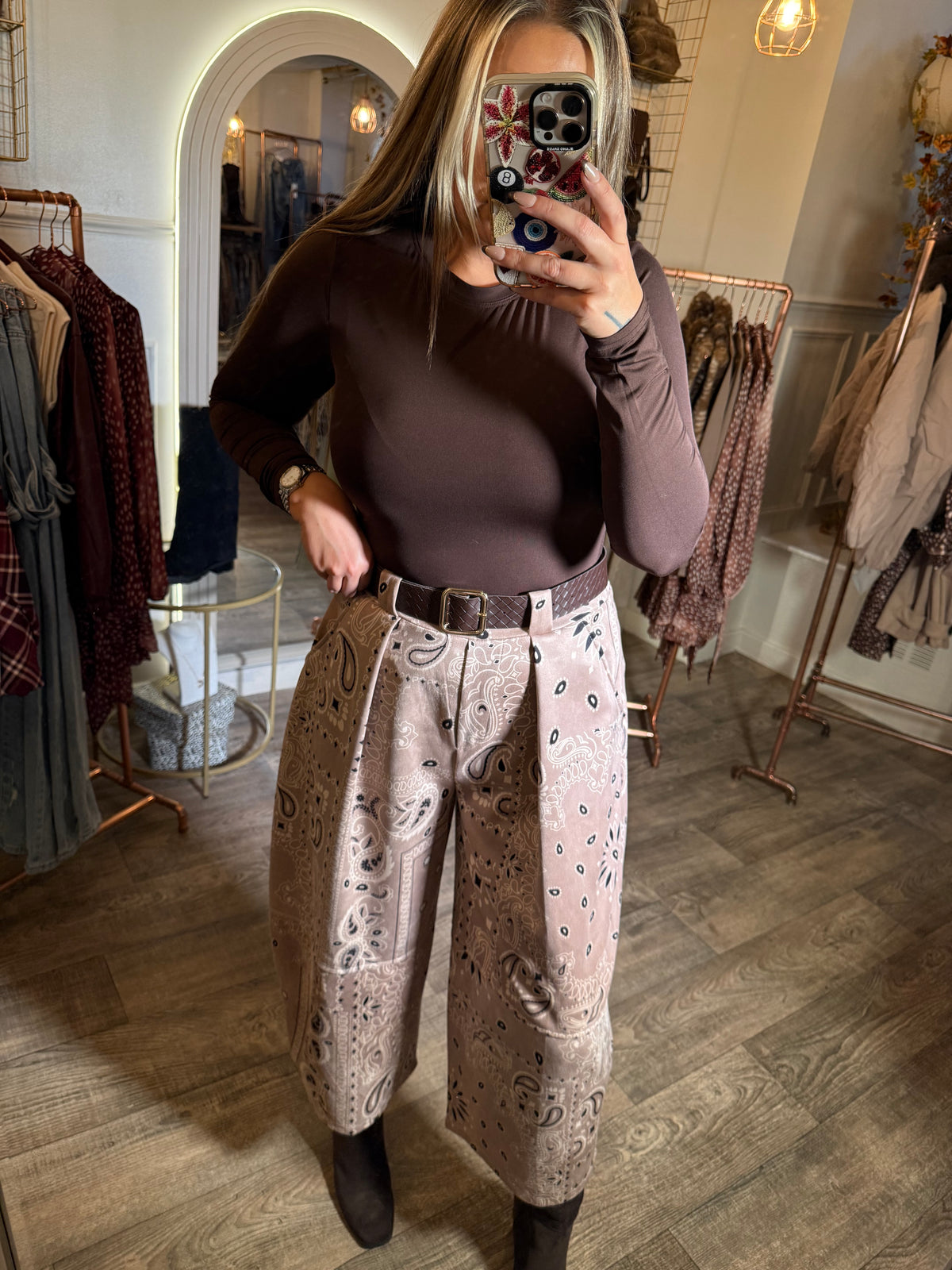 Suede Scarf Print Belted Pants
