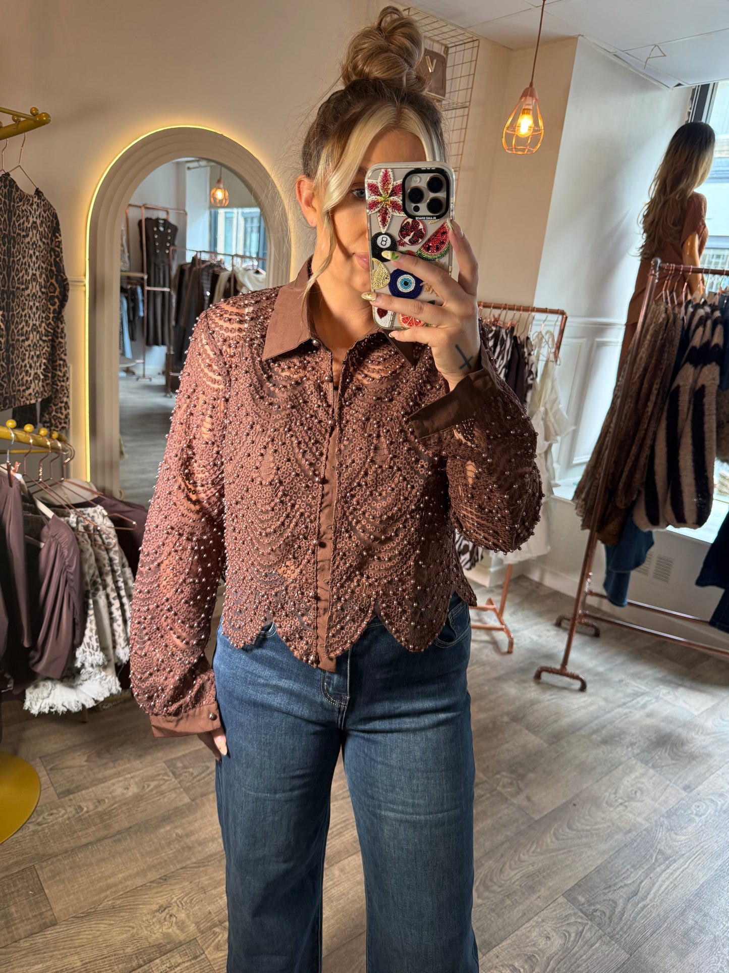 Chocolate Pearl Mesh Blouse
