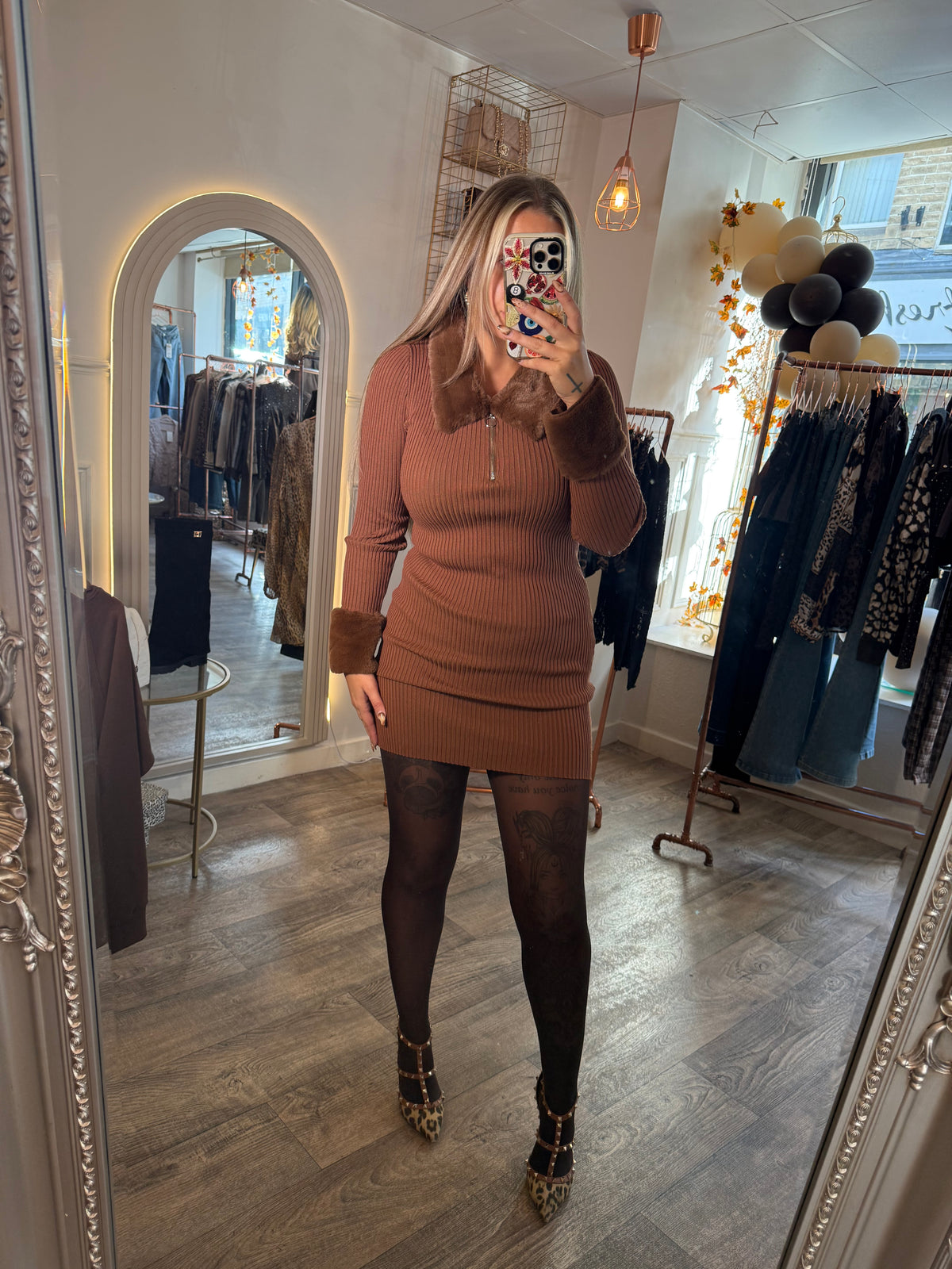 Faux fur detail knitted dress