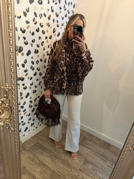 Pleat leopard bowtye blouse