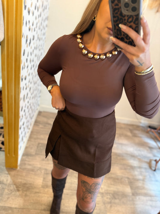 Chocolate Bodysuit With Gold Studs