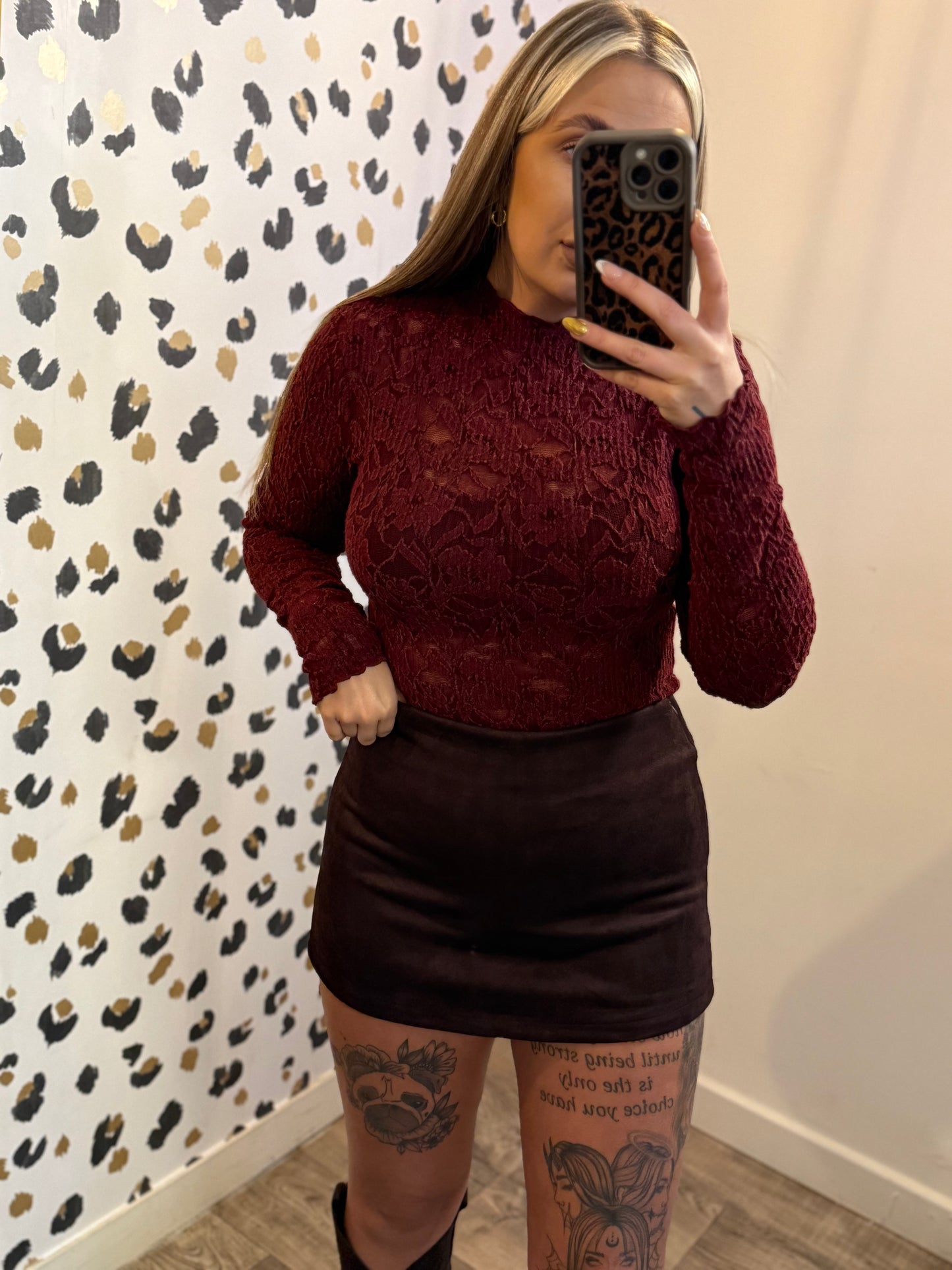 Burgundy Lace Mesh Top