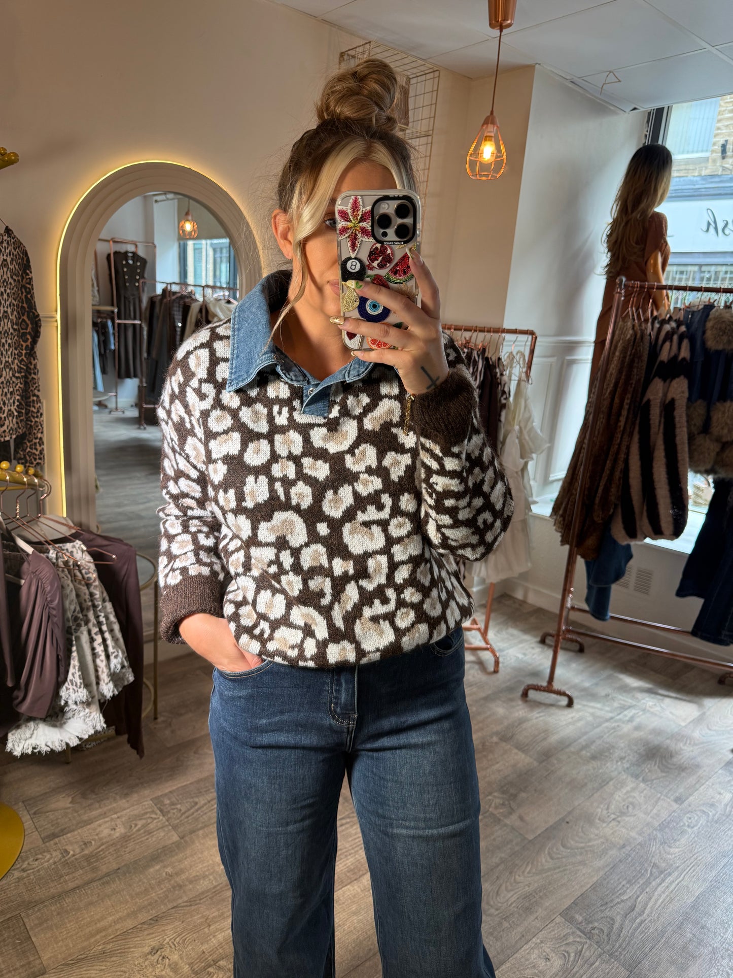 Denim Collar Leopard Jumper