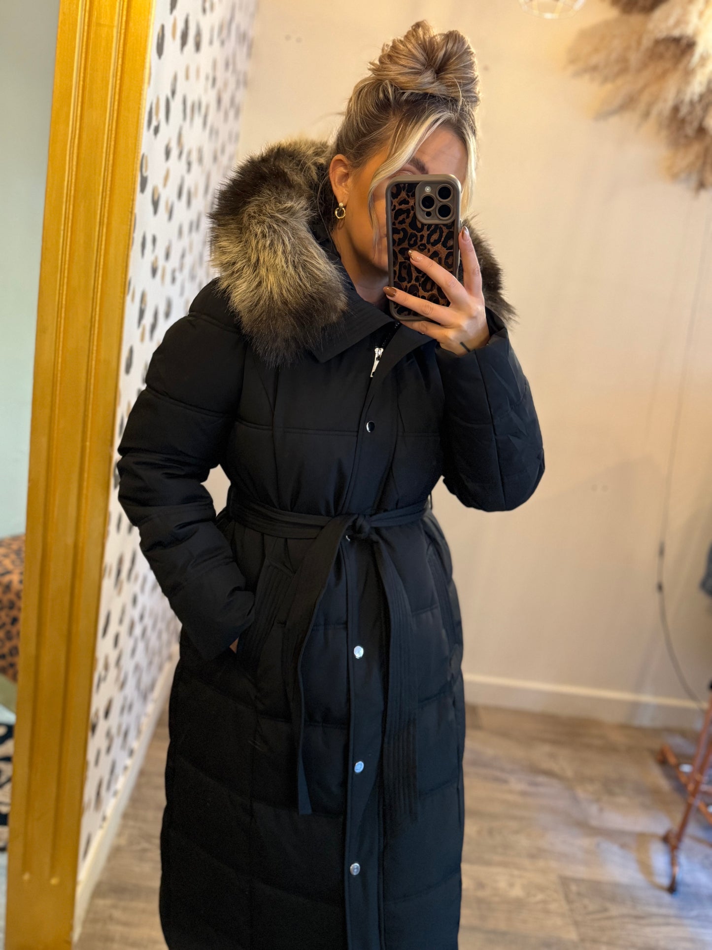 Long Black PUFFA Coat with Brow/Beige FAUX FUR HOOD