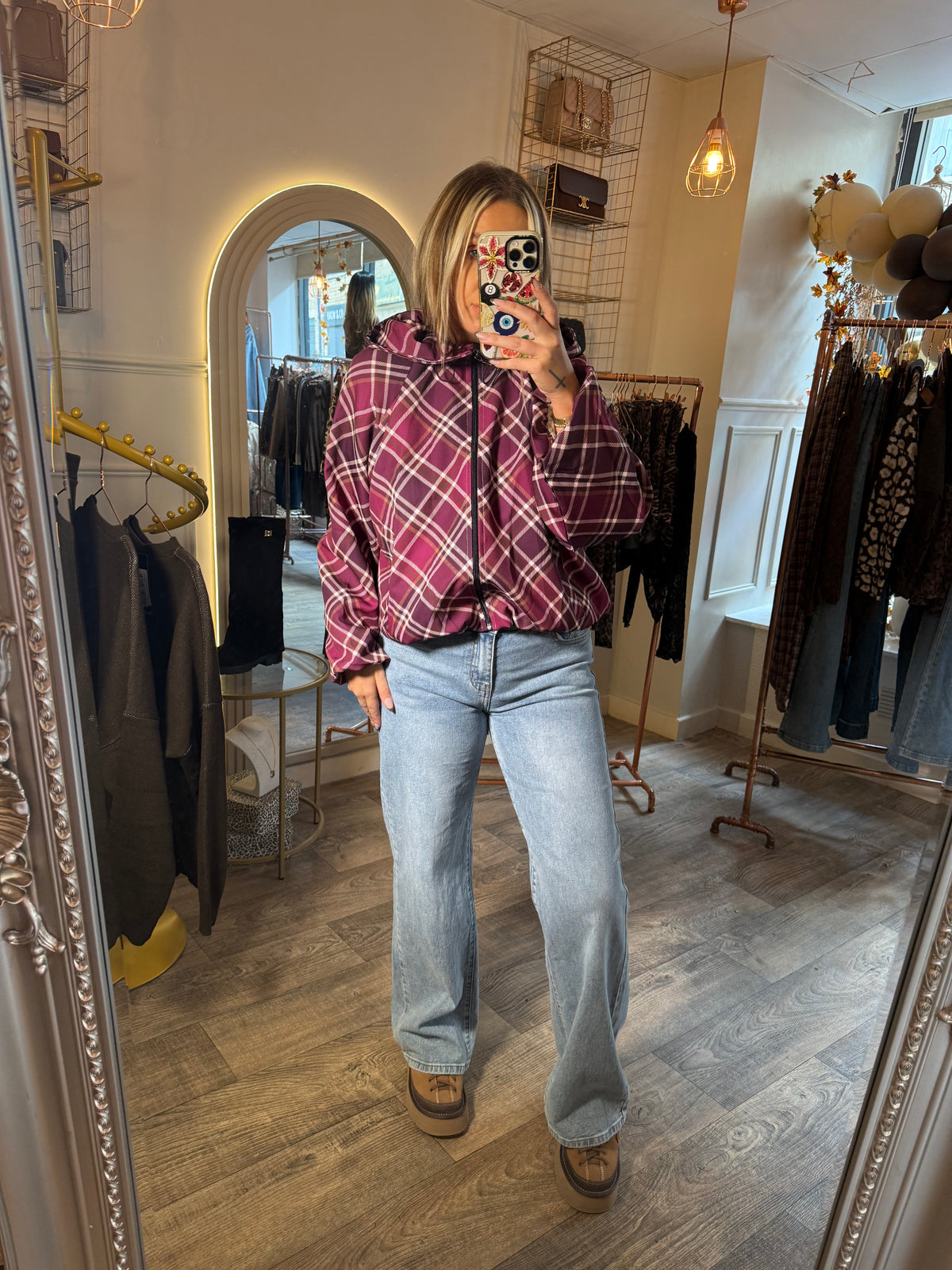 Burgundy Check Hooded Jacket