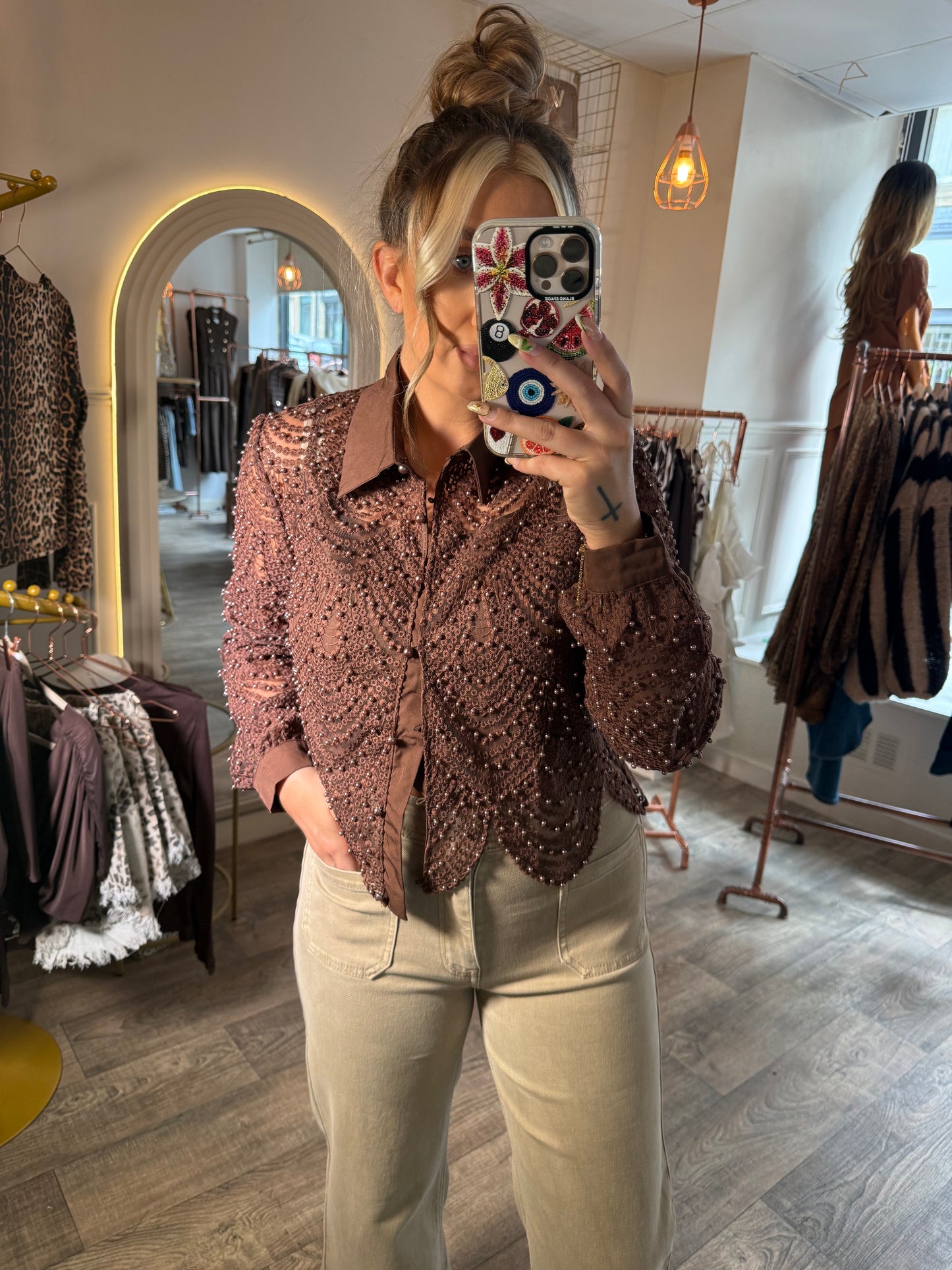 Chocolate Pearl Mesh Blouse