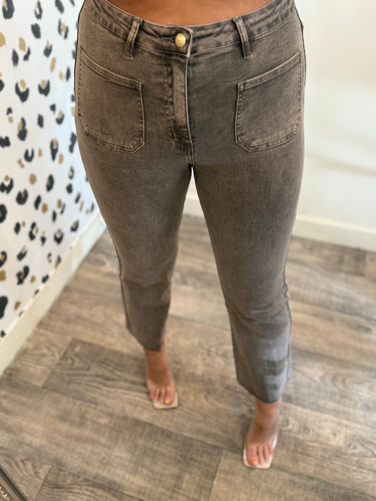 Brown Washed Cropped Stretch Jeans
