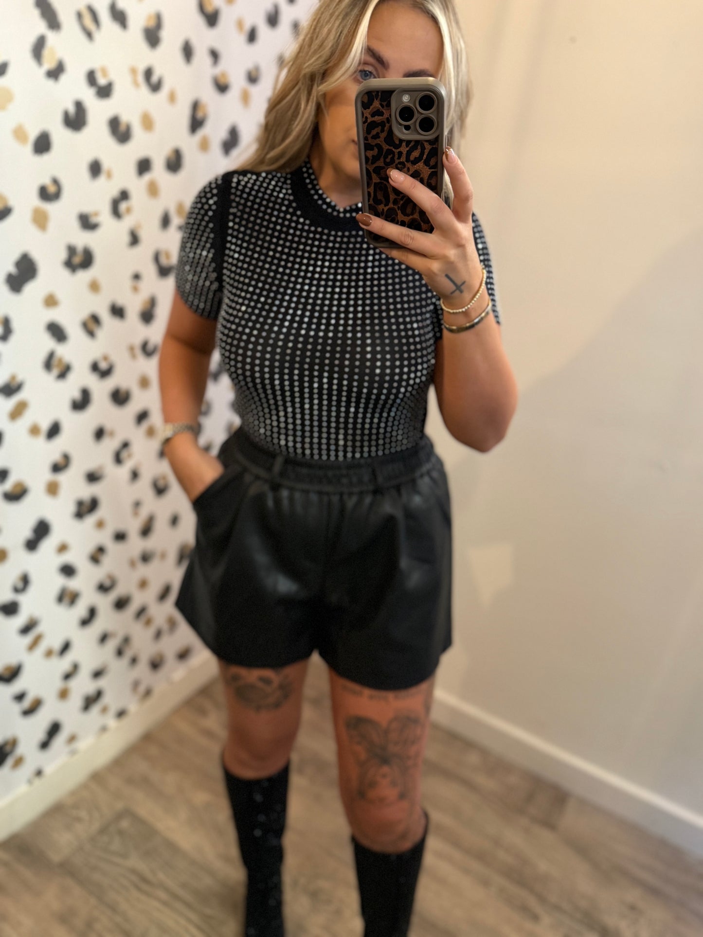 Black Pu Leather Belted Shorts