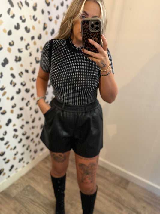 Black Pu Leather Belted Shorts