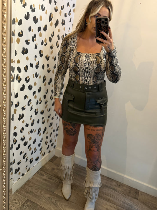 PU Leather Skort Khaki