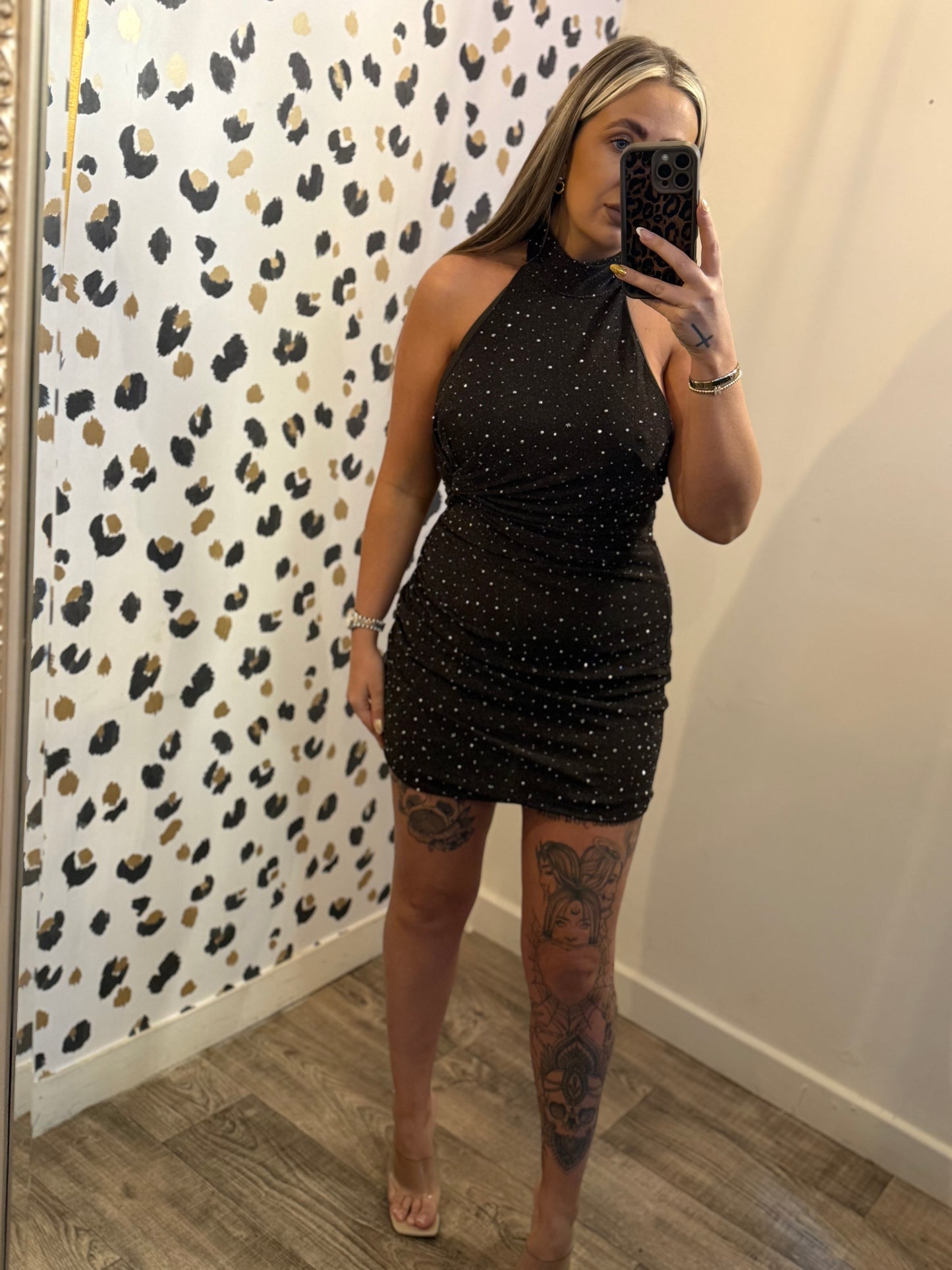 Bling Backless Halter Neck Dress Brown